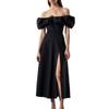 European and American women's clothing, new spring models, bubble sleeve vacation style high waist split fork solid color dress