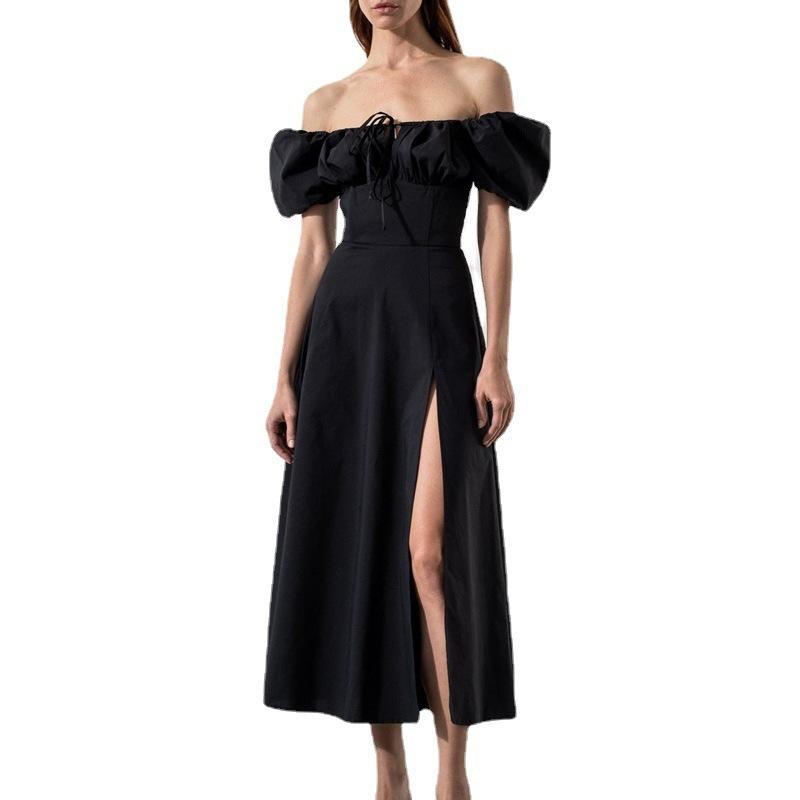 European and American women's clothing, new spring models, bubble sleeve vacation style high waist split fork solid color dress