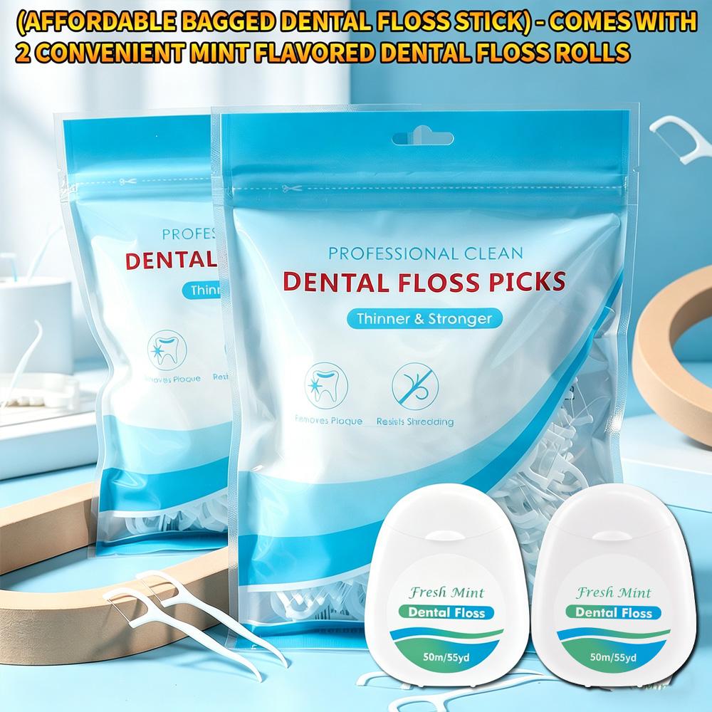 Affordable Dental Floss Picks Bagged, High Tensile Smooth Floss Sticks with 2 Mint Dental Floss Rolls, Interdental Cleaning Tool