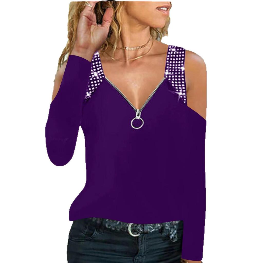 2026 Spring/Summer Women's V-neck Rhinestone Chain Top with Zipper Shoulder Straps