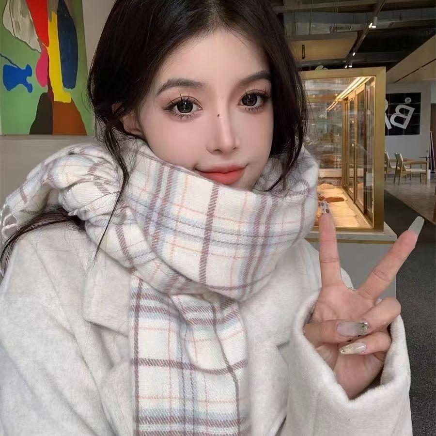 Literary Plaid Scarf Women's Autumn and Winter Imitation Cashmere Korean Version Versatile Student Scarf Ins Trend Warm Shawl