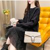 Long Sleeve Lace Patchwork Knit Dress for Women Autumn Korean Style Solid Floral Cardigan Sweater