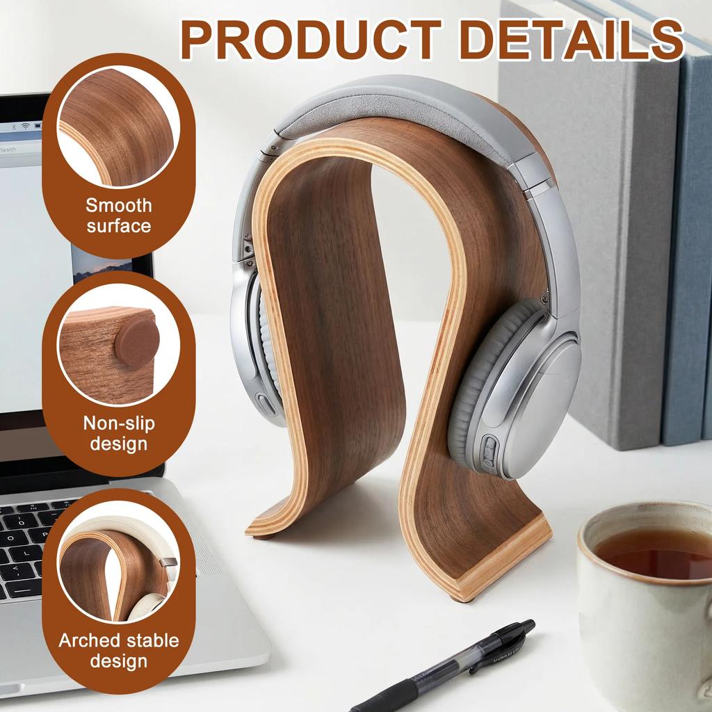 U-shaped Headphone Stand Wooden Desk Headphone Holder Universal Compatibility Gaming Display Stand for Countertop Tidy Storage