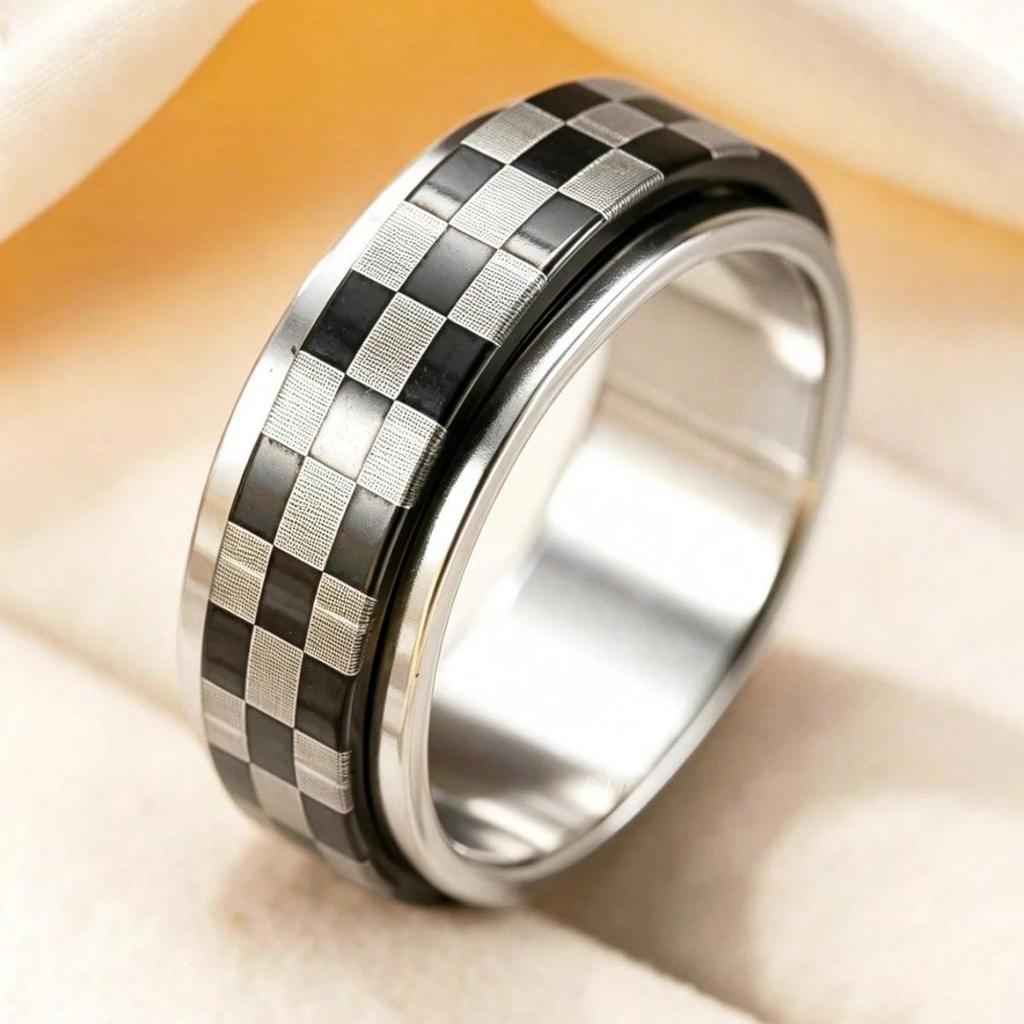 Unisex Stainless Steel Black & White Plaid Spinner Ring - Perfect Valentine's Day Gift