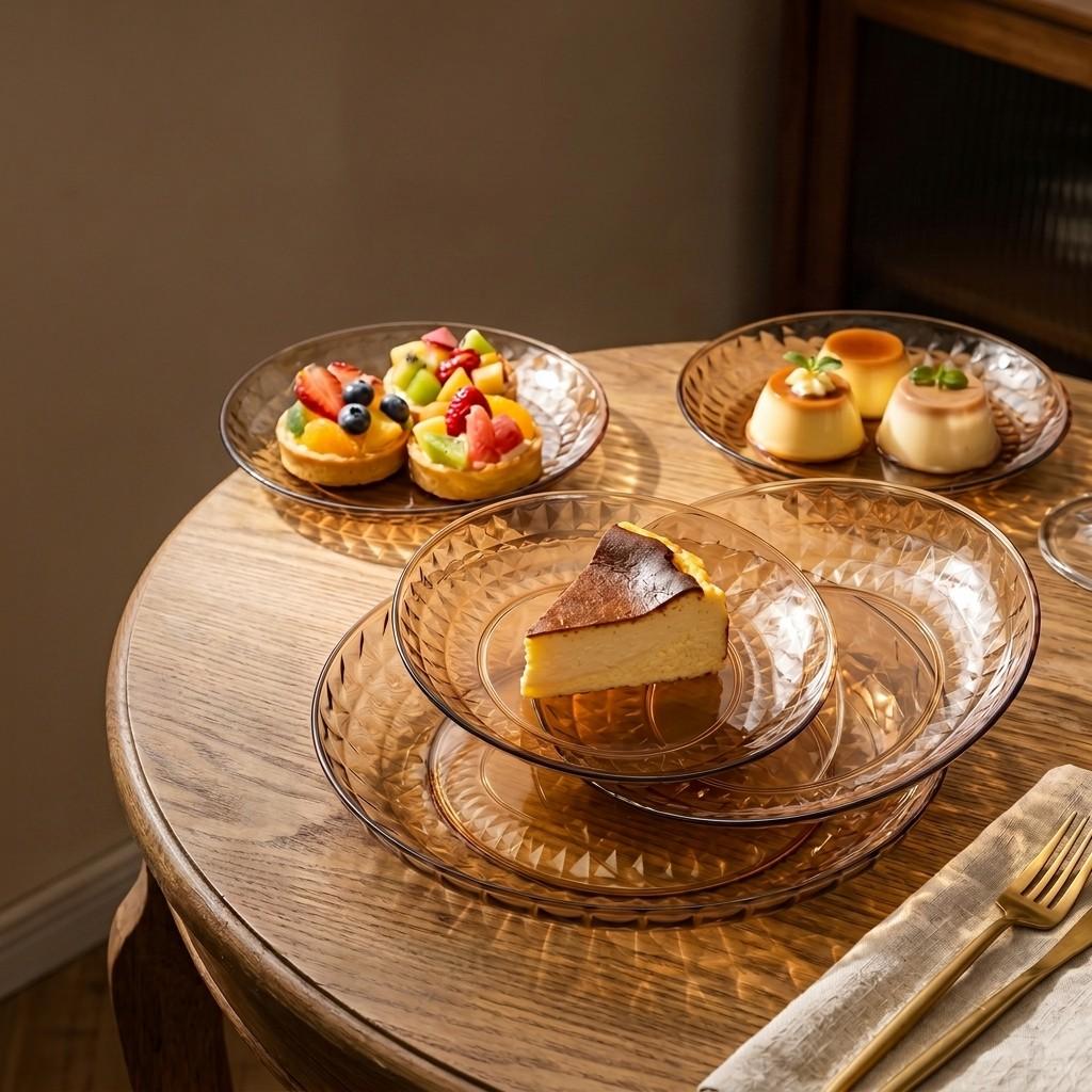 Reusable Plastic Plates Amber PET Dessert Appetizer Serving Dishes Kitchen Tableware Stackable Snack Food Fruit Platter Picnic