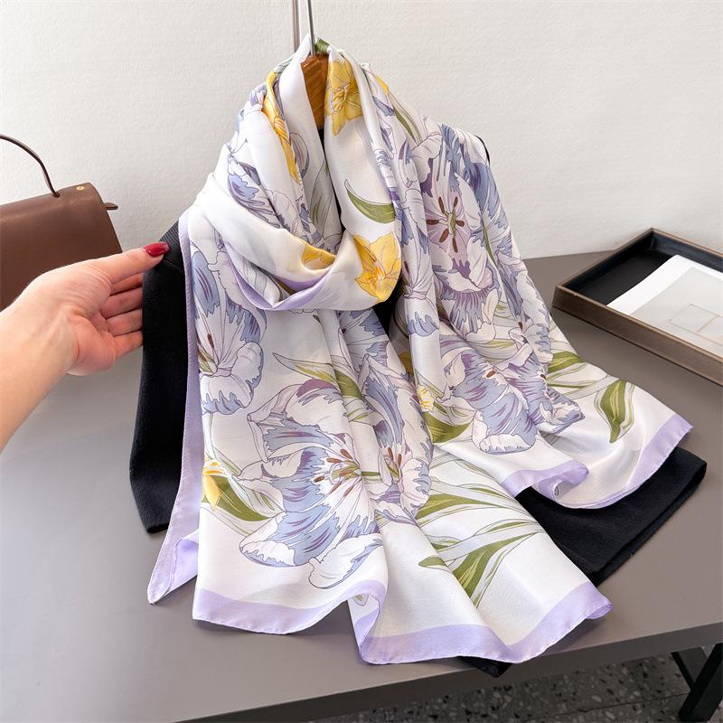 Korean Version Of Flower Simulation Silk New Silk Satin Fashion Sunscreen Spring And Summer Style Silk Scarf Long Scarf Shawl Versatile Scarf