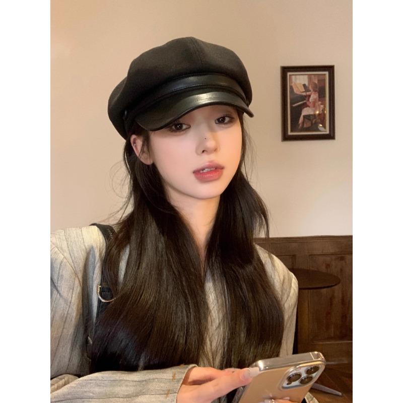 Autumn and winter octagonal hat woolen female painter duck tongue versatile face small tide high-end hat