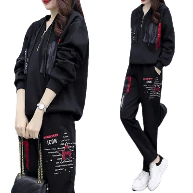 Spring/Summer Large Size Loose Hooded Printed Casual Sportswear Set for Women (Korean Version) Two-Piece Set