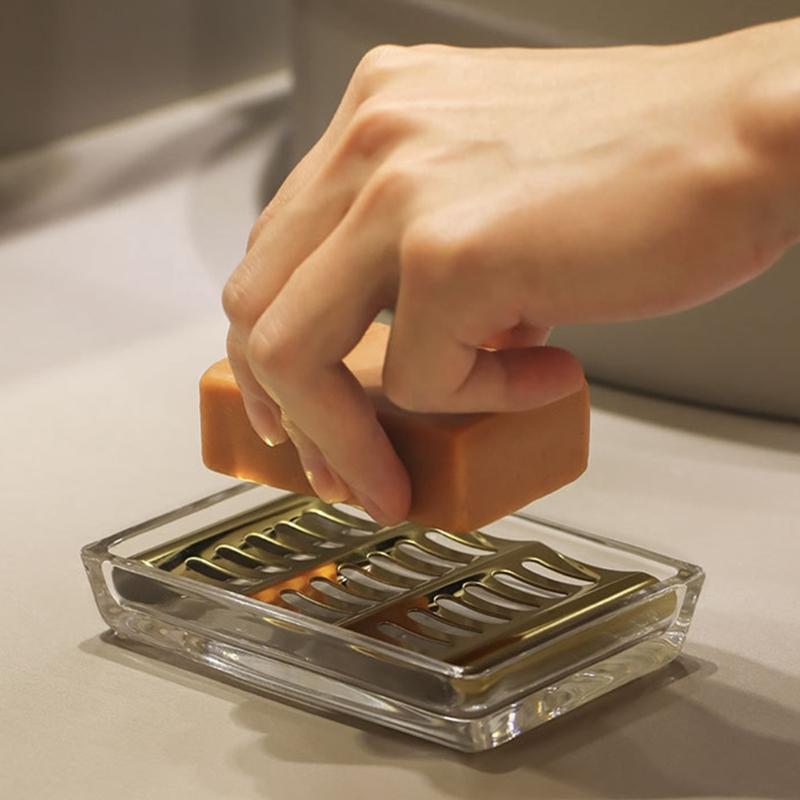 Bathroom Sink Glass Soap Dish with Metal Drain Tray, Freestanding Rectangular Design for Countertop Wash Area Use