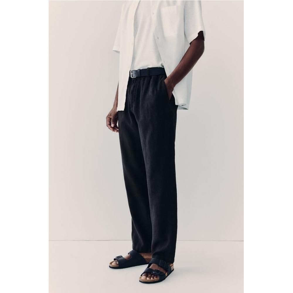 H M Regular Fit Linen Pants Black