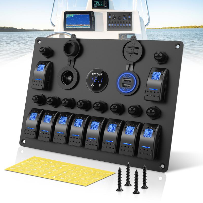10 Gang Switch Panel Waterproof Boat Rocker Switch Panel With 4.2A Daul USB Socket + 12V Voltmeter+Cigarette Lighter Socket