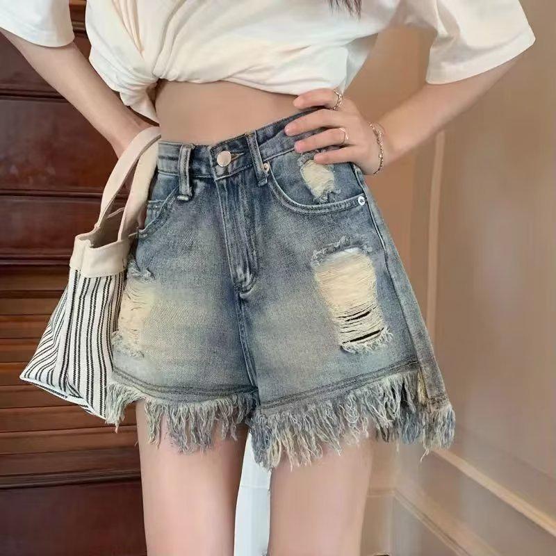 

Летние женские джинсовые шорты с высокой посадкой 2023: Необработанный край, Свободный крой, Приталенный А-силуэт 5XL синий