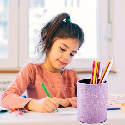 Faux Leather Round Pencil Holder Cup Desktop Pen Storage Organizer Stationery Scissors Container for Home School Office Dorm