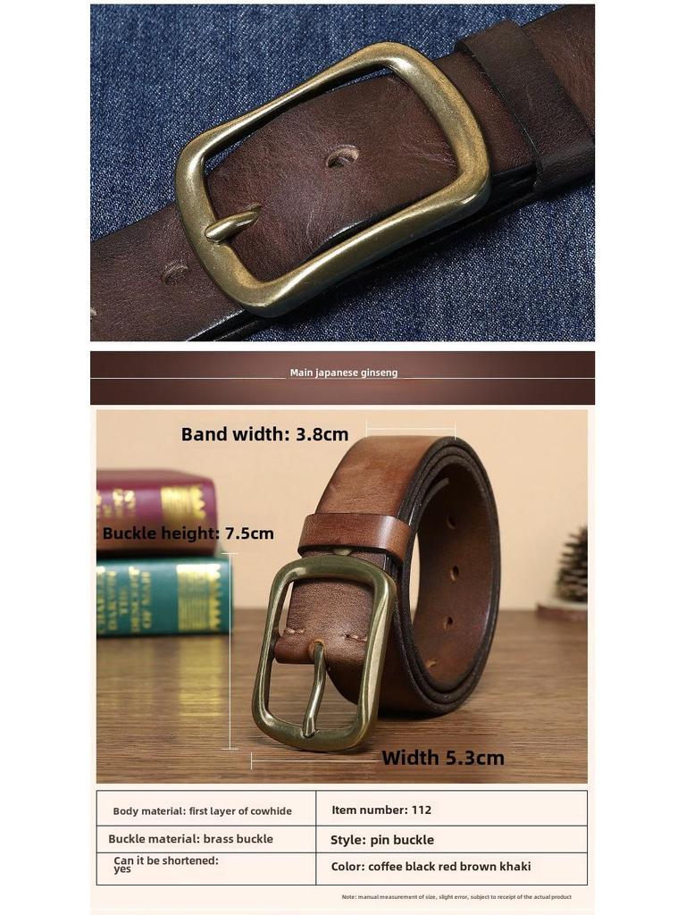 Męski modny pasek ze skóry retro szczotkowanej ręcznie z miedzianą klamrą szpilkową