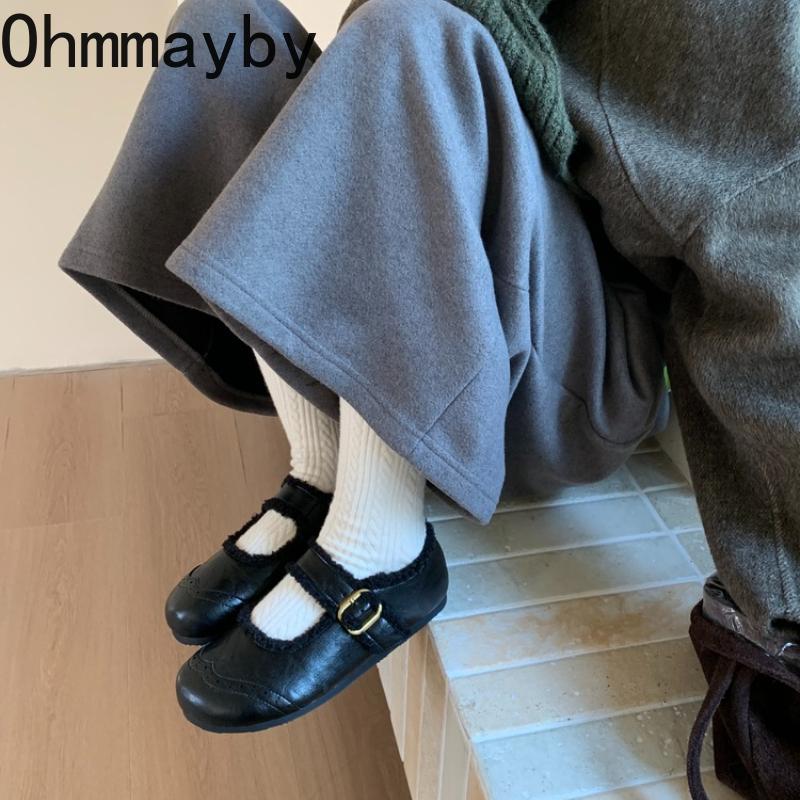 Autumn Winter Vintage Women Fur Lining Mary Jane Shoes Concise Soft Sole Flats Shoes Ladies Comfort Warm Short Plush Snow Shoes