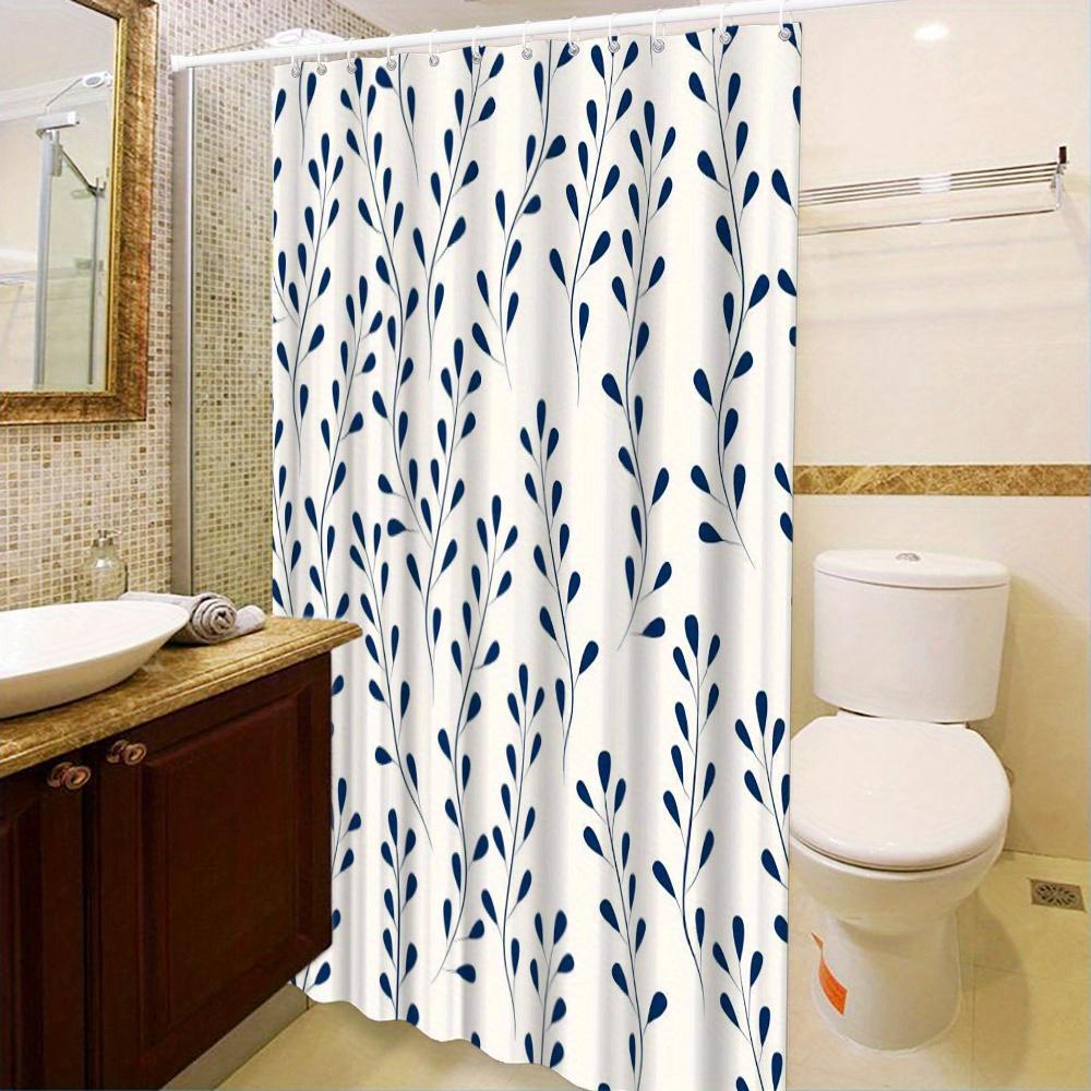 1Pc Elegant Blue Vine Branches Shower Curtain, Delicate Minimalist Design On White Background, Machine Washable