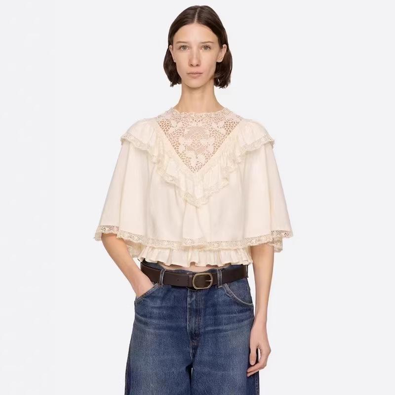 2026 Spring/Summer French Lace Ruffle Cape Top S грязно-белый