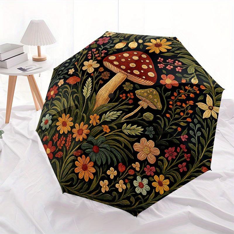 Enchanted Forest Mushroom Rug, Vibrant Floral Round Carpet for Home Decor Umbrella, Cute Umbrella with Cute Design, Portable 3-Fold Compact Umbrella F