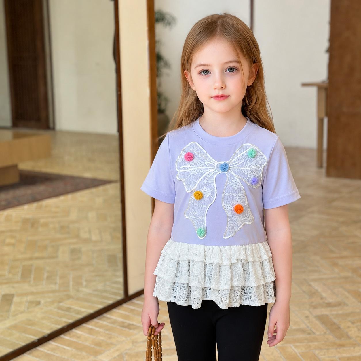 Girls Summer Lace Bow Short Sleeve T Shirt Cute Stylish Top 90