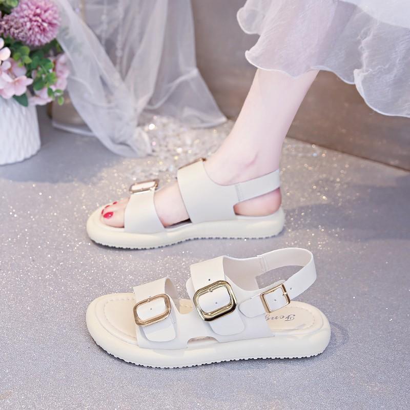 New thick-soled double-buckle sandals, retro belt buckle sandals, fashionable flat-heeled Roman beach women's shoes
