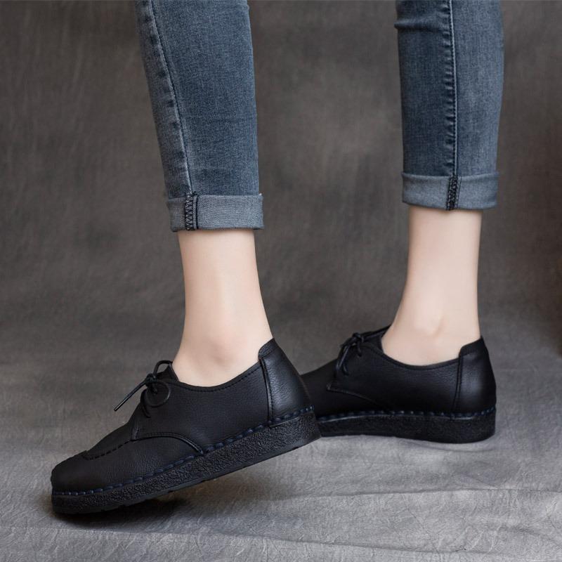 Spring New Style Retro Cowhide Lace-up Low-heeled Soft-soled Flat-soled Single Shoes