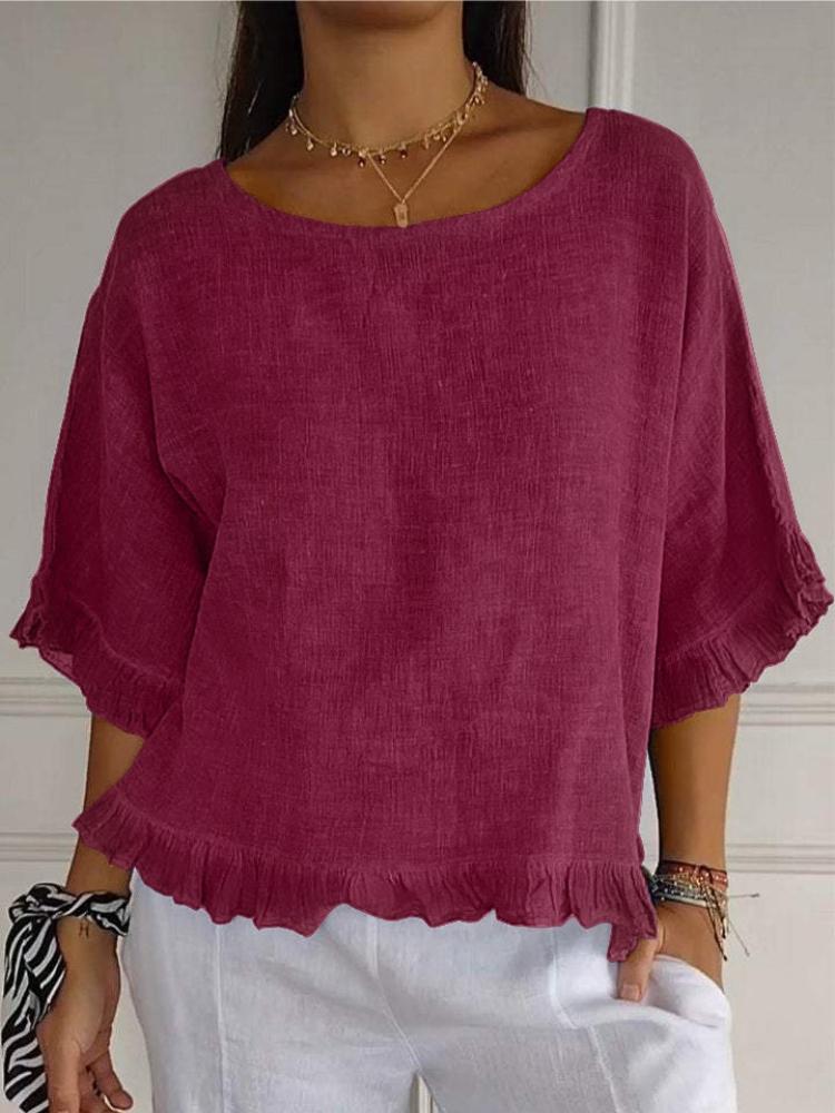 Camicia Estiva da Donna a Maniche Corte con Girocollo in Cotone e Lino Monocolore dalla Vestibilità Ampia per Donne