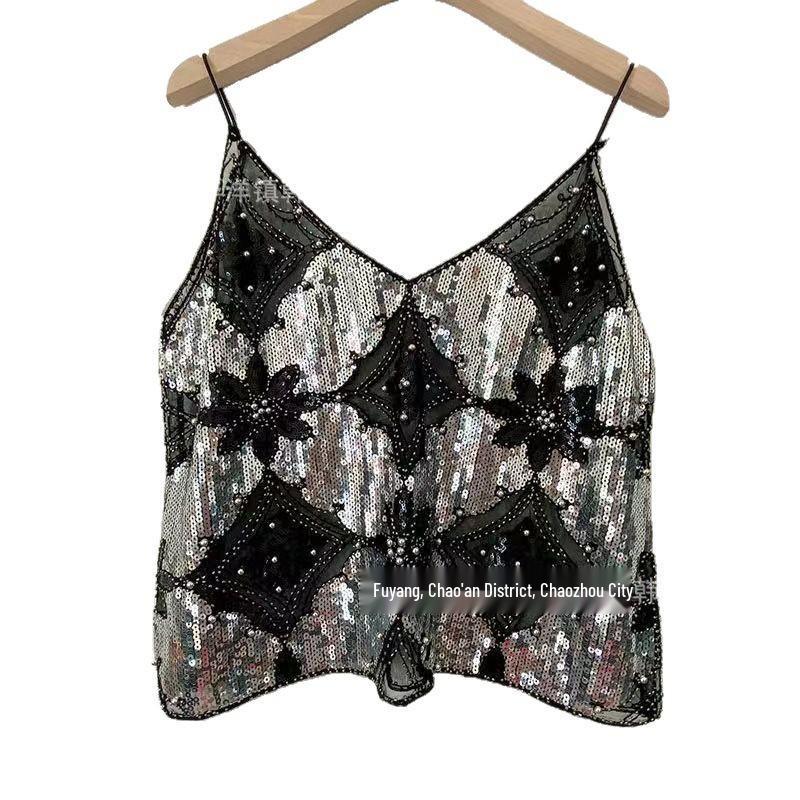 Niche Summer Women's Sequin Beaded Slimming V-Neck Camisole Vest - Elegant and Sexy Style