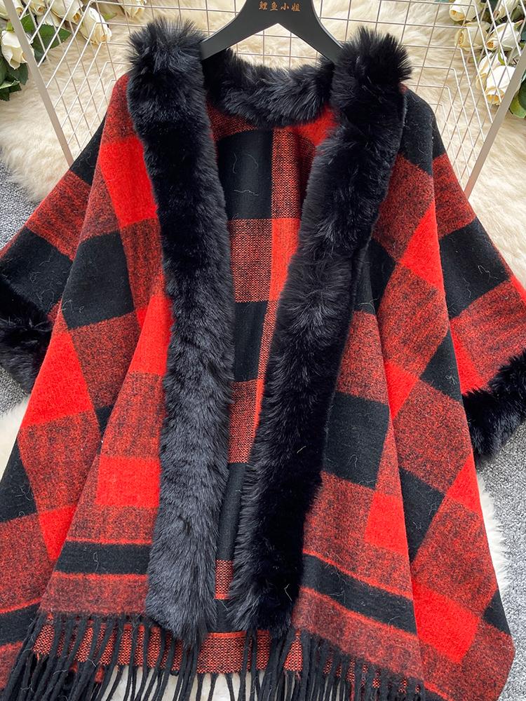 Autumn Winter Vintage Outerwear with Fur Collar Knitted Cardigan Tops for Women Loose Elegant Plaid Shawl Cloak Coat L66