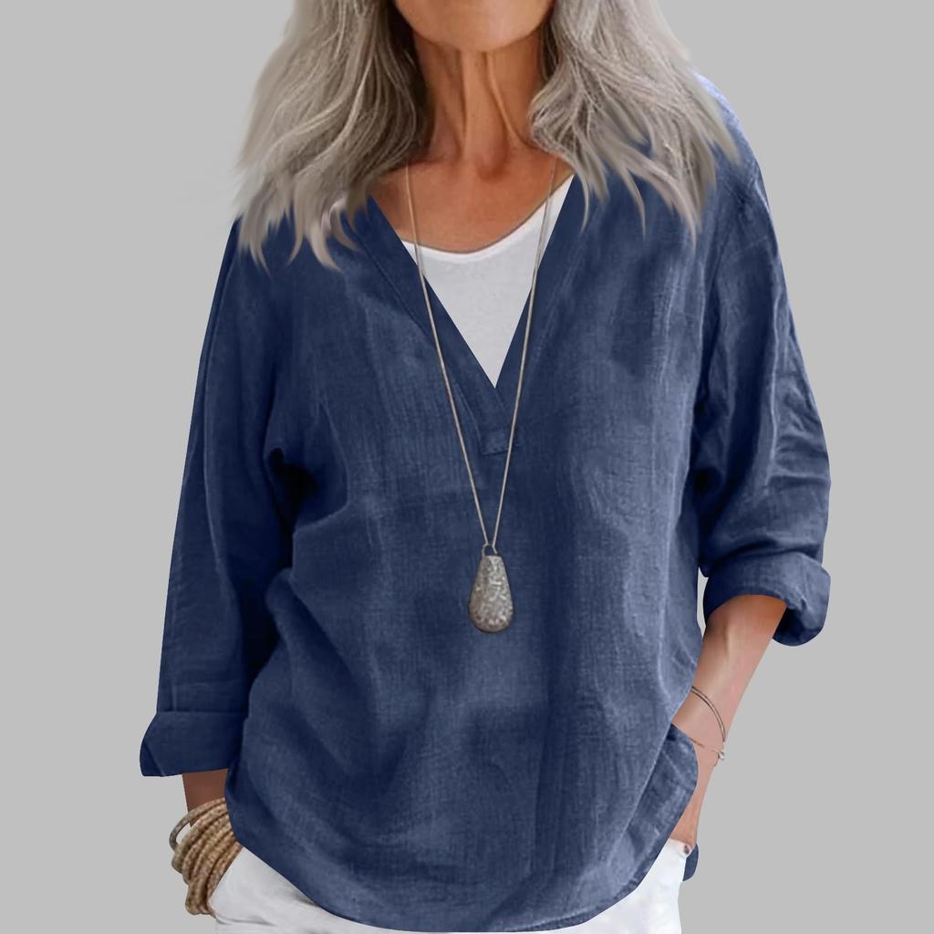 Mote Dame Casual Bomull Lin V-hals Langermet Genser Topp