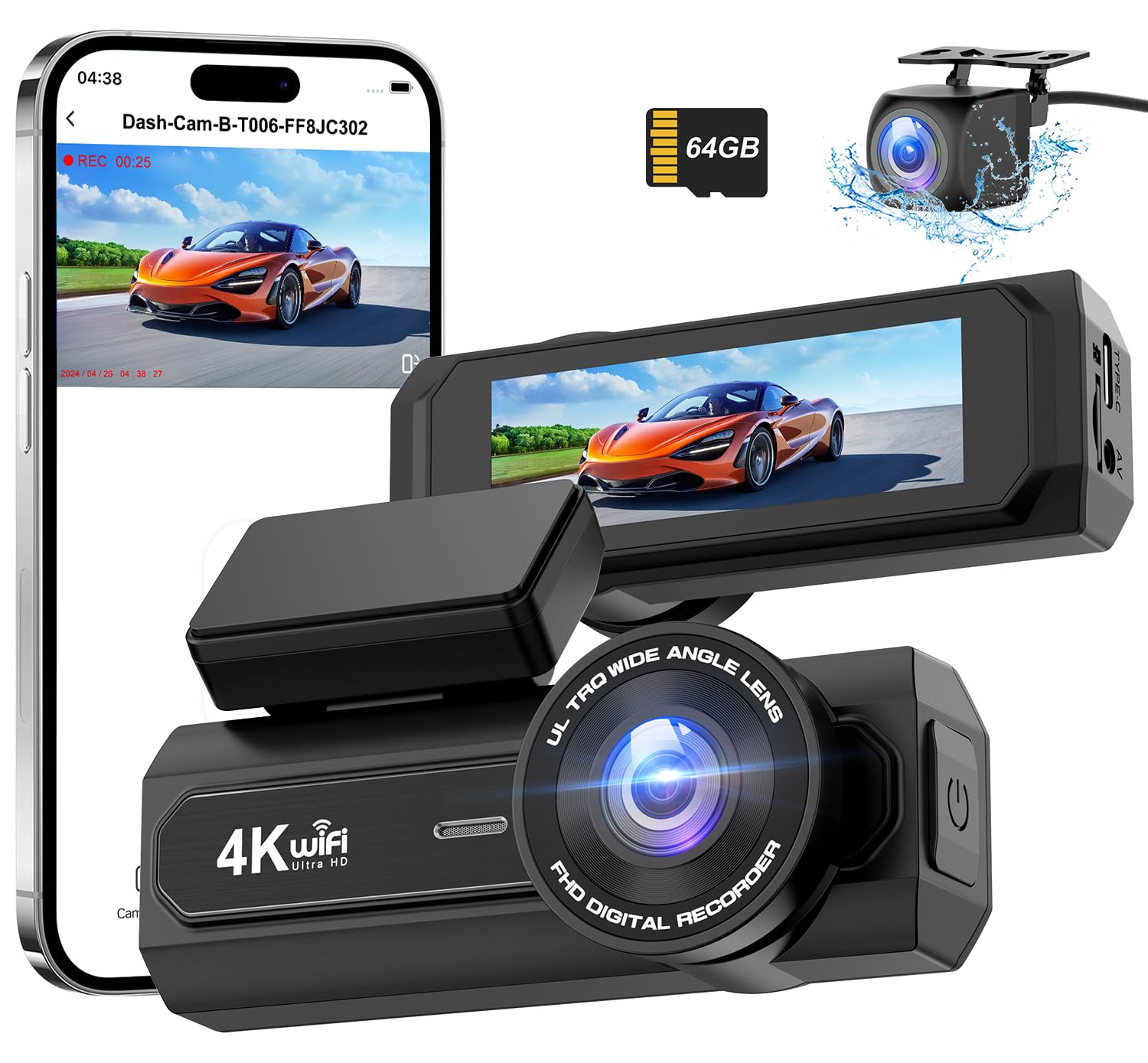 

CHORTAU New Edition Dash Cam with Front and Rear 4K UHD 8MP 1080P Full HD 5G 64GB Card Large Aperture Large IPS LCD LED Traffic Light Energy Automatic