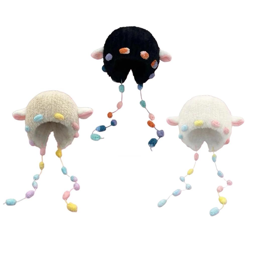 Rainbow Rope Lamb Ear Plush Hat for Women Winter Warm Hat Daily Use Pullover Hat Popular Trapper Hat for Snowboarding