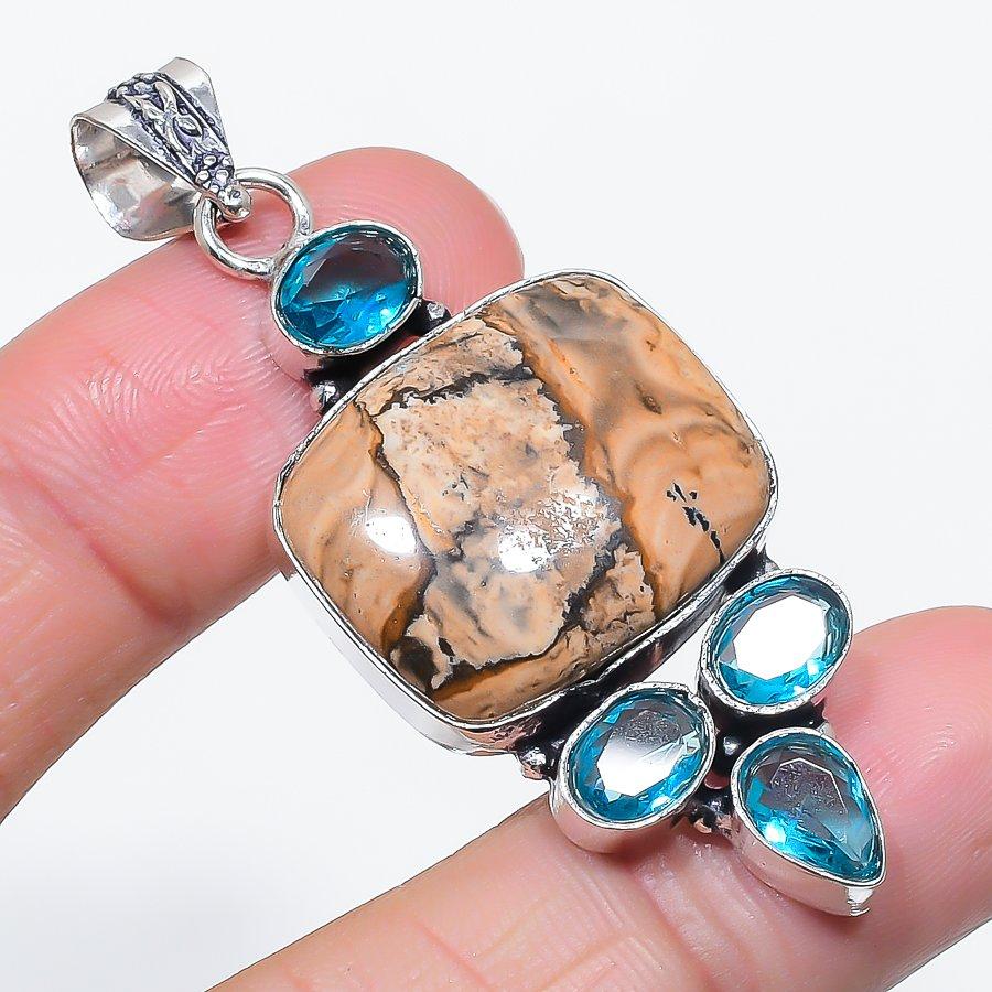 Natural Picture Jasper, Topaz 925 Sterling Silver Jewelry Pendant 2.32" L5g11