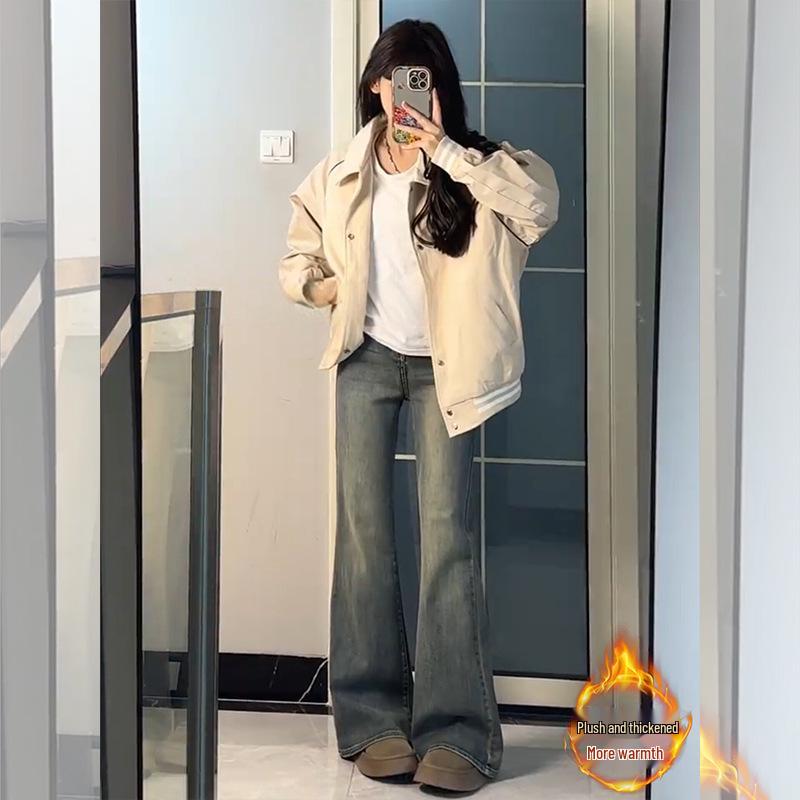 

Plus Velvet Thickened Micro-Flare Jeans for Petite Women - Retro Straight-Leg, Plus Size, Winter Style 2025 L