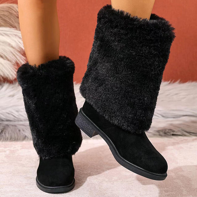 Luxury Faux Fur Thick Heel Suede Mid Calf Boots Women  Winter Fluffy Fur Pipe Designer Snow Boots Woman's Furry Long Booties