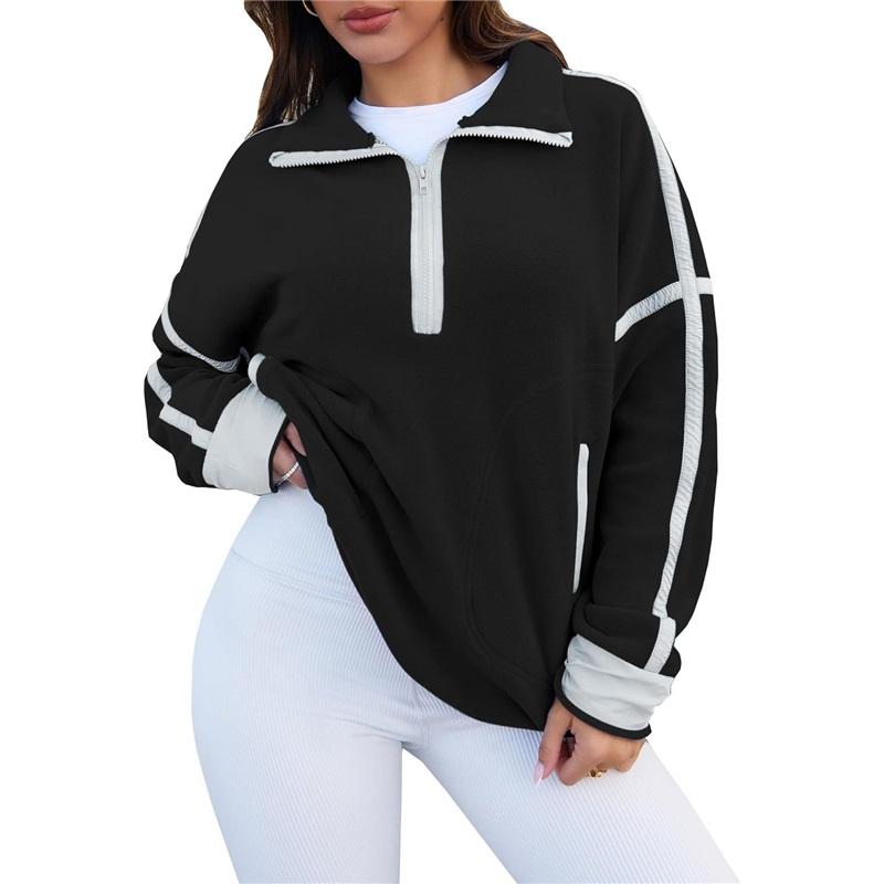 Women's Color Block Striped Half Zip Polo Sweatshirt Loose Long Sleeve Casual Pullover Top