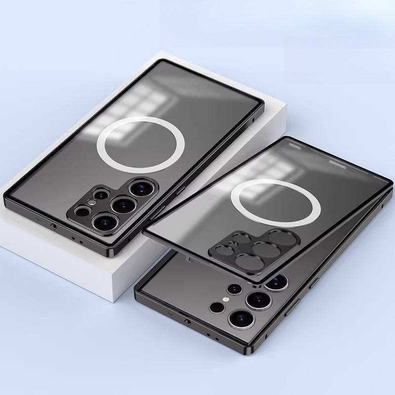 Business Magnetic Locking Metal Frame Phone Shell For Samsung S26 Ultra S25 S24 Wireless Charging Matte Clear Protect Back Cover