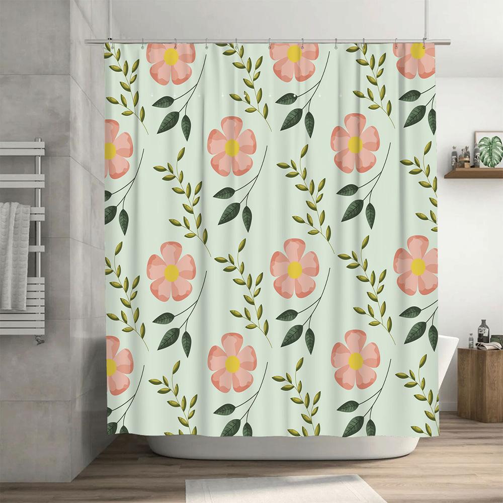 Delightful Floral Shower Curtain with Green Branches Pink White 3D Printed Decorative Bath Mat Cover for Bathroom Accessories Si