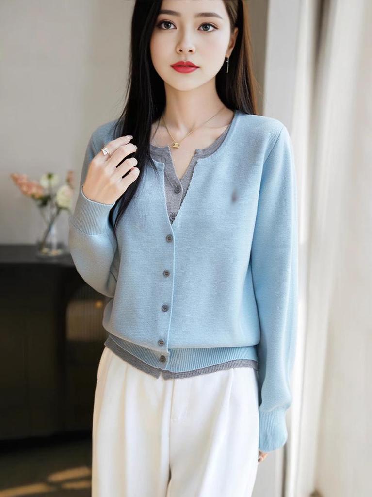 Soft, Chewy Milky Knit Cardigan for Women - New Spring/Autumn Style, Long-Sleeved, Gentle Yellow, Faux Two-Piece Sweater Top