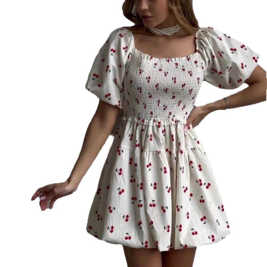 European and American new temperament cute French girl floral square neck short sleeve chiffon sweet short dress women's clothing