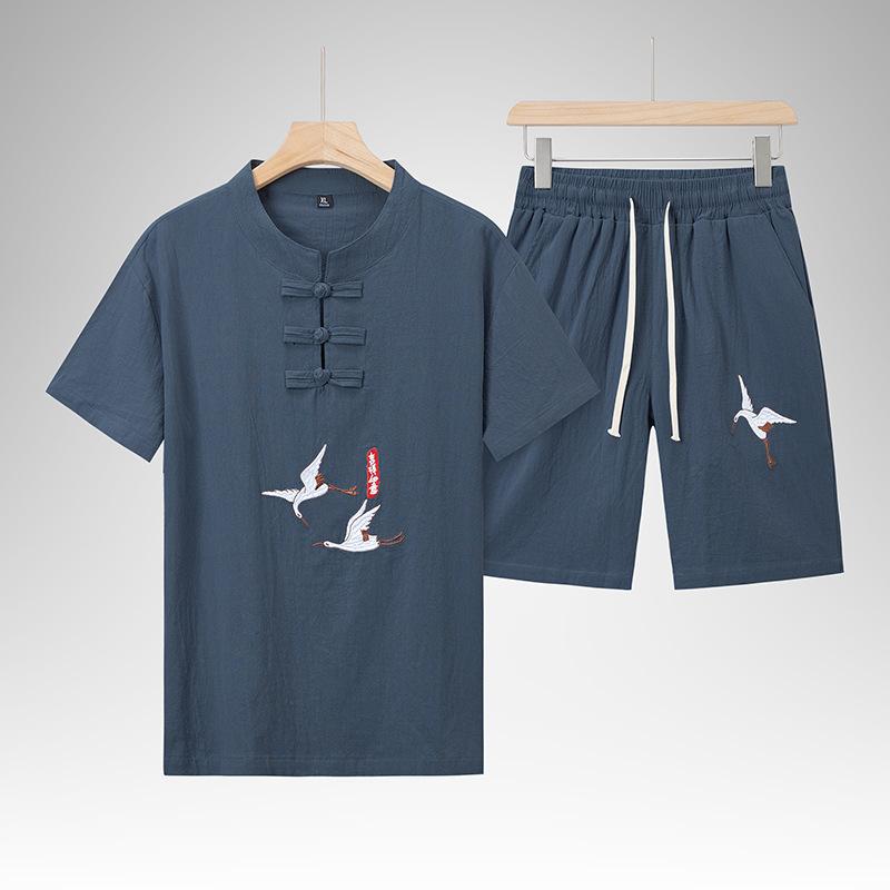 

Костюм в китайском стиле, мужская летняя футболка Hanfu с короткими рукавами, хлопковые и льняные брюки с пятью точками, повседневные спортивные костюмы в китайском стиле для среднего и пожилого возраста 5XL синий