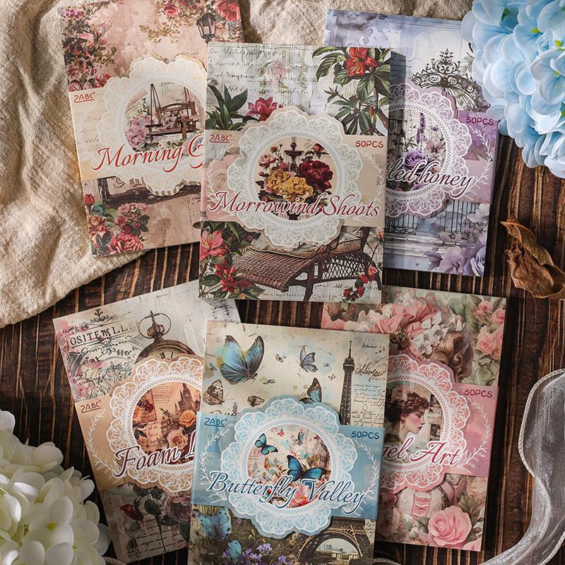 50 ks/balení retro květinový materiál papír DIY scrapbooking koláž odpadkový deník estetika kancelářské potřeby plánovač dekorace papír