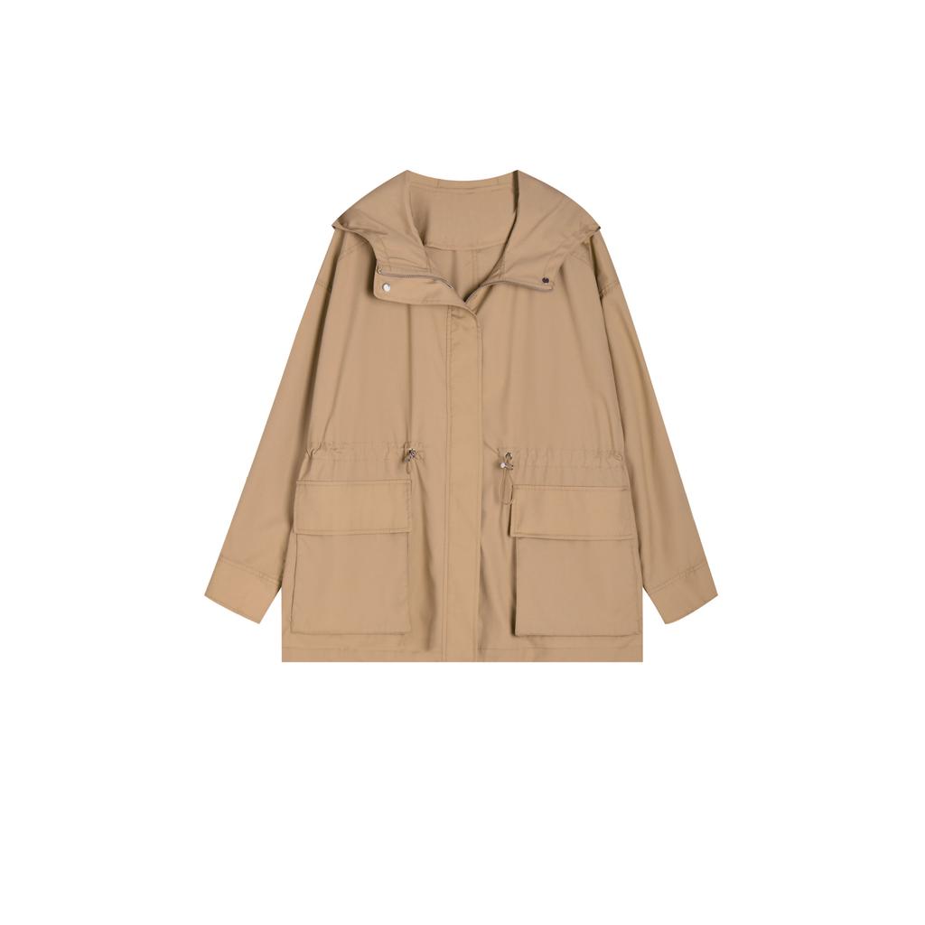 Spring New Loose Casual Tooling Wind Hooded Jacket Drawstring Waist Thin Cotton Short Trench Coat 15786