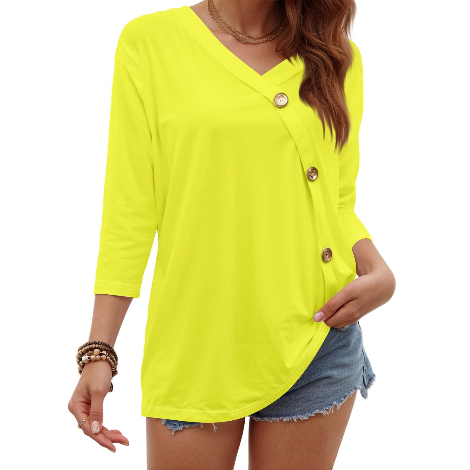

Women s Fashion Casual Three-quarter Sleeve Color Button Round Neck Top XL жовтий