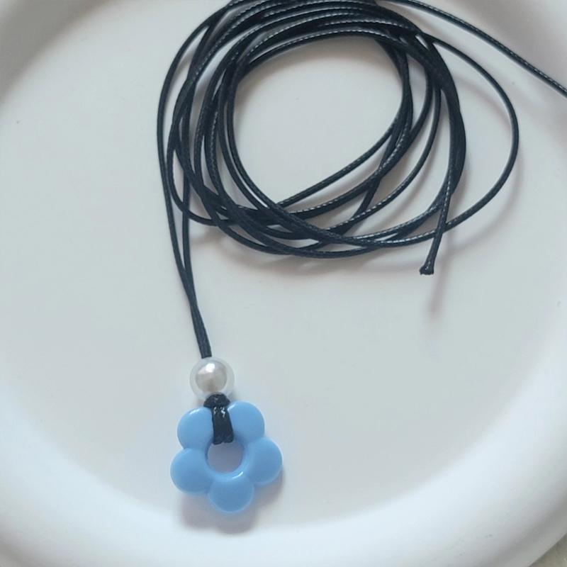 Sweet Cool Pearl Flower Pendant Necklace Fashion Summer Choker Wax Rope Lace up Collar Necklace Statement Jewelry