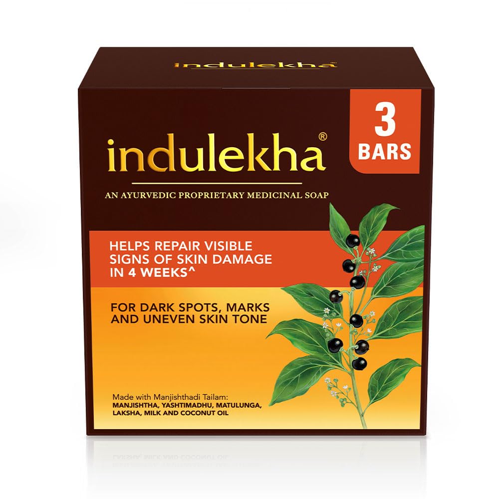 Indulekha Ayurvedic Soap Bar 100g X 3  | Herbal Skin Care Soap For Dark Spots, Marks, Uneven Tone And Healthy Glowing Skin