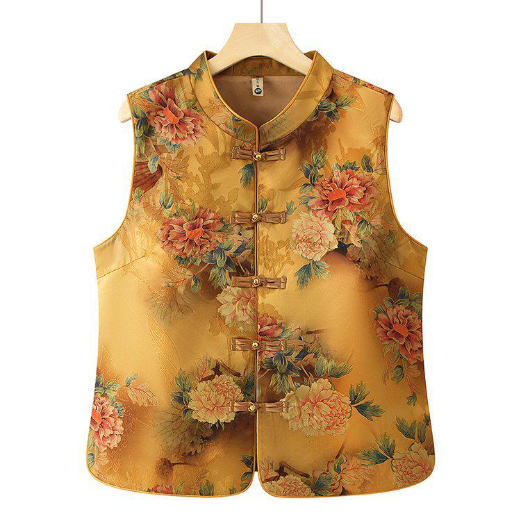 Chic Women s Floral Chinese Style Sleeveless Stand Collar Vest for Spring & Autumn 2XL жёлтый