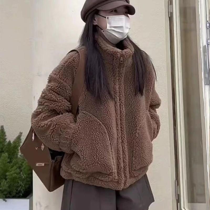 Sherpa Cardigan Stand Collar Jacket Women Winter Loose Lazy Style Basic Plush Thick Short Hoodie