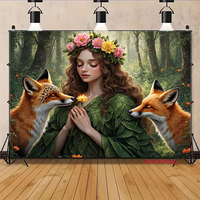 2D Fantasy Nature Backdrop Forest Goddess with Red Foxes Photo Background