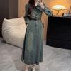 2025 Autumn Hong Kong Style Retro A-line Denim Dress: Slimming Waist-Cinch, Long Sleeve