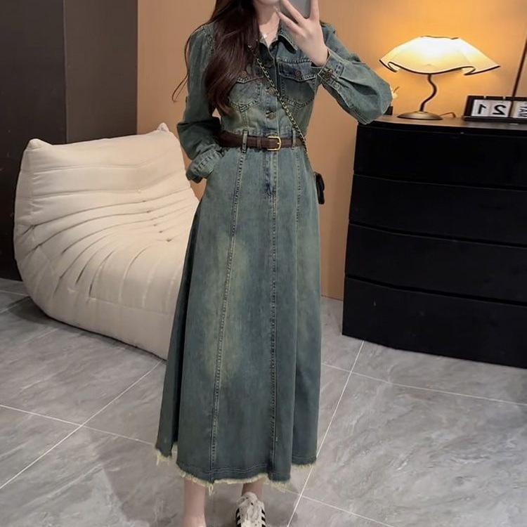 2025 Autumn Hong Kong Style Retro A-line Denim Dress: Slimming Waist-Cinch, Long Sleeve